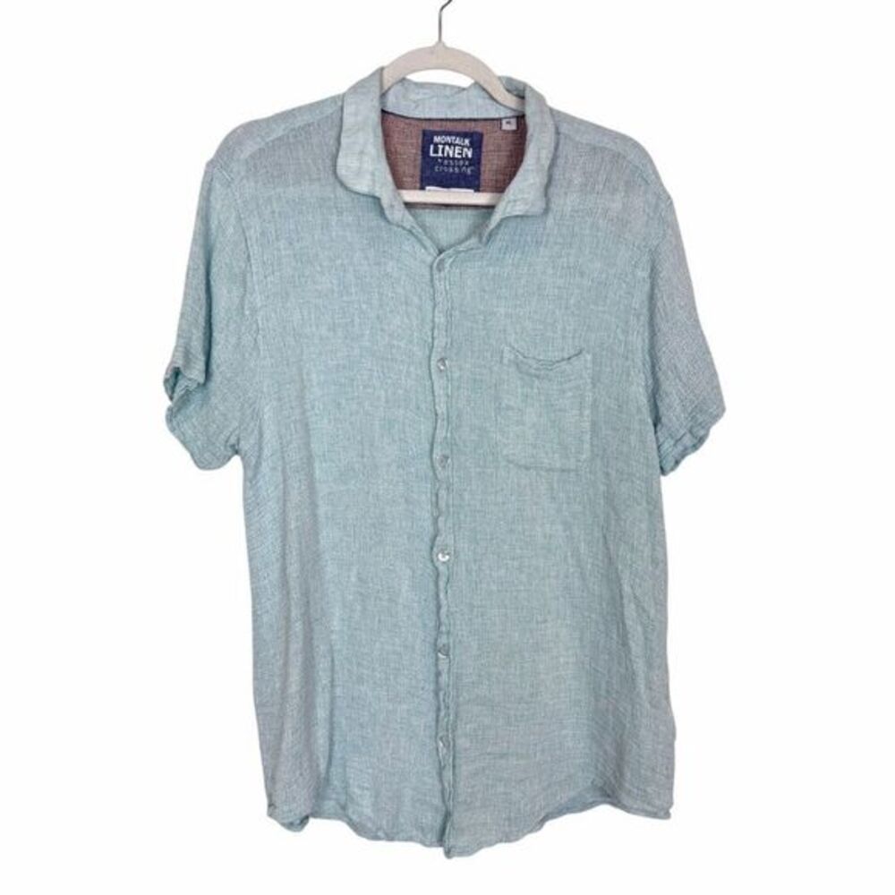 Montauk Linen Essex Crossing Button Up Shirt Mens XL Blue Short Sleeve Washable